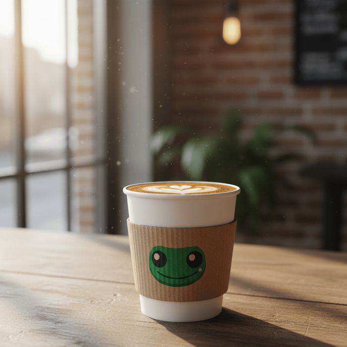 Coffee cup with a kraft sleeve printed with the gecko face