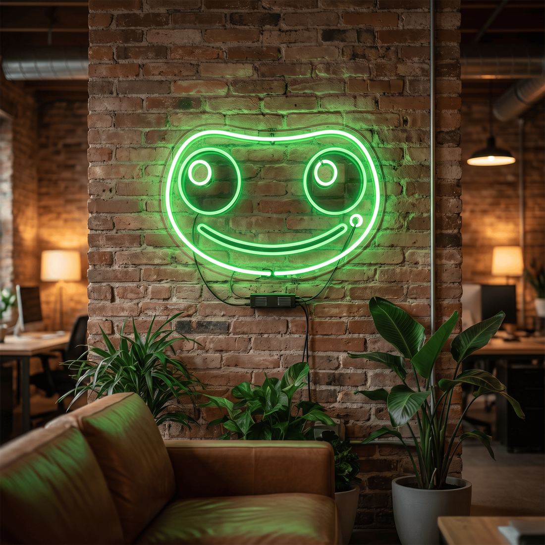 Green neon sign of the Tokek gecko face on a brick wall