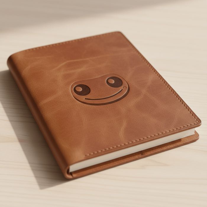 Leather notebook with an embossed gecko face