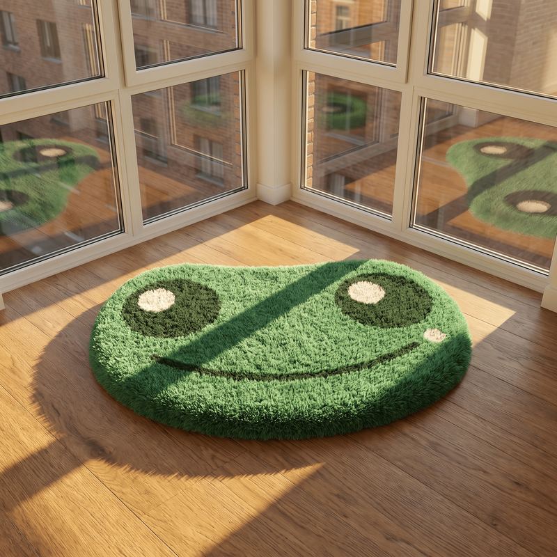 Green tufted rug shaped like the gecko face